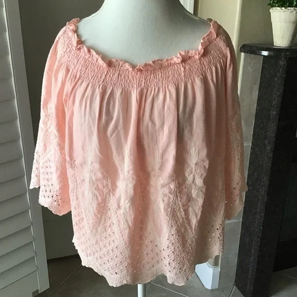 love J Off Shoulder Eyelet Blouse XLARGE Cropped Coral Pink 100% Cotton Romantic - Picture 3 of 16